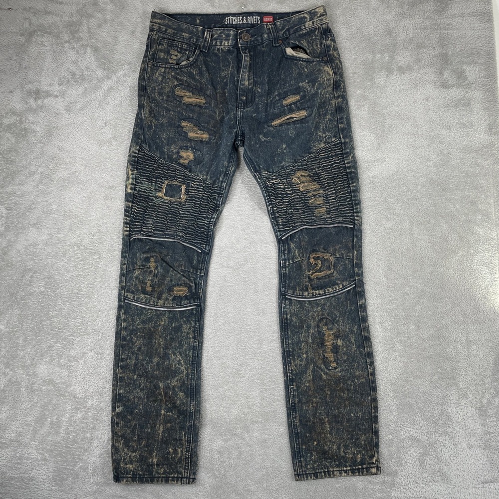 Stitches & Rivets Moto Biker Jeans Mens 32x32 Blue Acid Wash Distressed Slim Fit